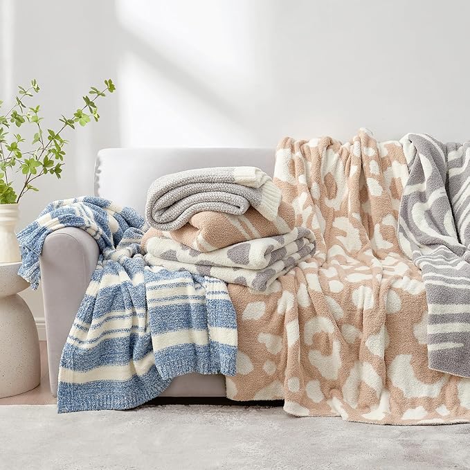 Snuggle Sac Knitted Throw Blanket for Couch, Reversible Super Soft Microfiber Blankets Warm Cozy Knit Fuzzy Plush Lightweight Throws for Sofa, Bed, Camping, Picnic, Stripe Blue, 50 x 60 inches-Ruum Studio Home