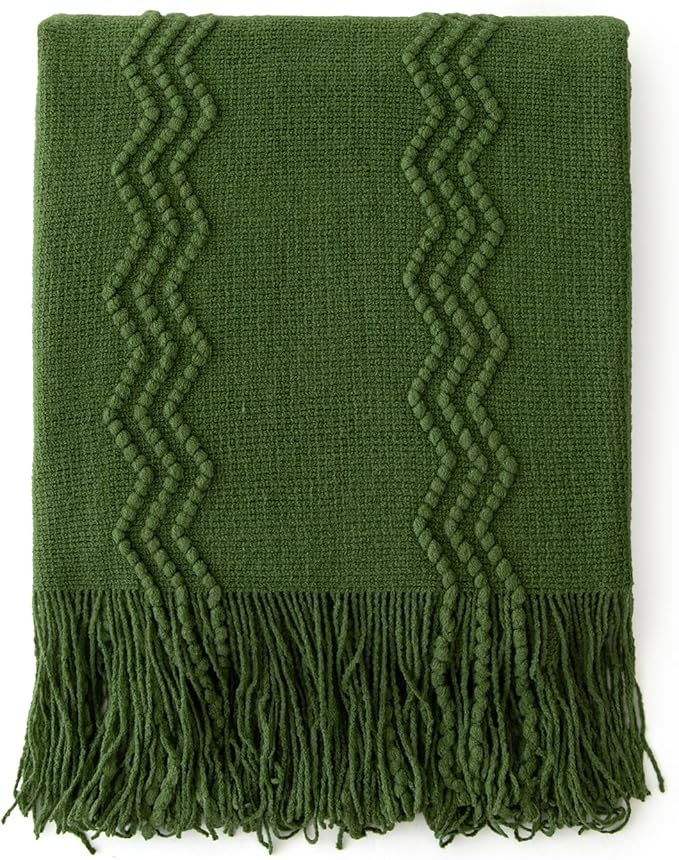 MIULEE Olive Green Knitted Throw Blanket for Couch Boho Textured Cozy Woven Blanket with Tassels for Sofa Chair Bed Living Room Spring Acrylic Wave Pattern 50"x60"-Ruum Studio Home
