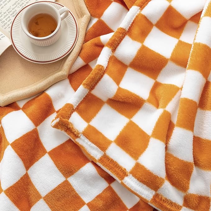 LOMAO Throw Blankets Flannel Blanket with Checkerboard Grid Pattern Soft Throw Blanket for Couch, Bed, Sofa Luxurious Warm and Cozy for All Seasons (Orange, 60"x80")-Ruum Studio Home