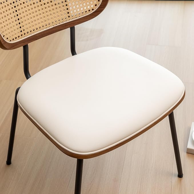 Rattan Dining Chairs Set of 2, Mid Century Modern Dining Chairs with Cane Back for Kitchen Dining Room, 19 Inch Faux Leather Beige-Ruum Studio Home