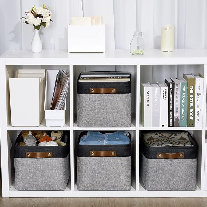 DULLEMELO Canvas Storage Bin with Handles, Fabric Bins for Shelves, Bedroom, Office,Nursery,Fabric Storage Baskets for Toys, Clothes,Gift(Black&Grey,15"x11"x9.5",4-Pack)-Ruum Studio Home