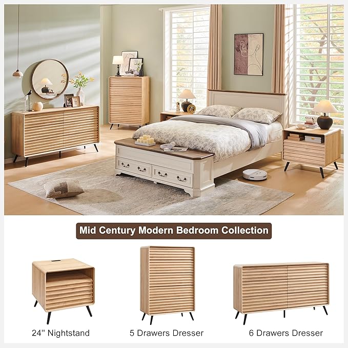 RedLemon 24" Nightstand Set of 2 with Charger Station, Mid Century Modern Fluted End Table with 2 Drawers, Wooden Side Table with Open Cubby Storage for Living Room, Bedroom, Office(Natural Oak)-Ruum Studio Home