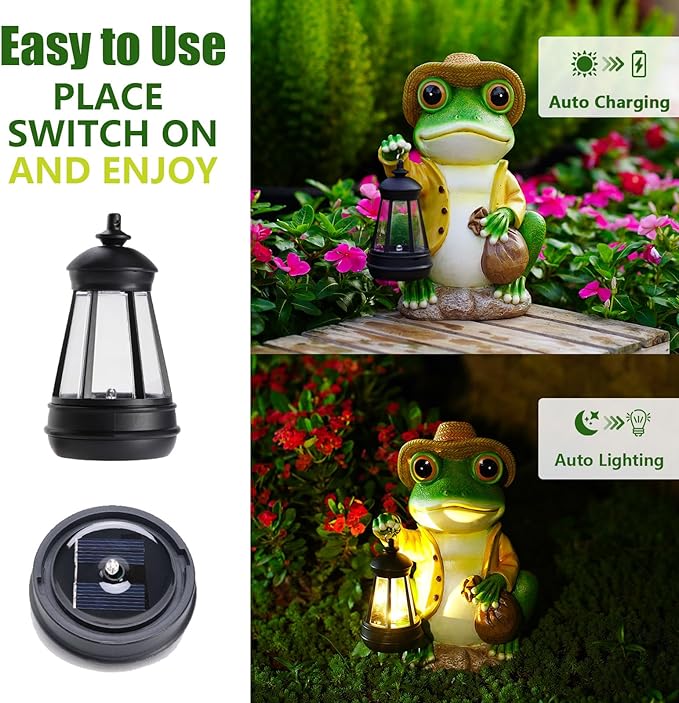 Solar Garden Outdoor Frog Statue 10 inches Tall - with Handheld Lanterns - Detachable - Patio, Balcony, Shelf, Tabletop, Lawn Decoration - Unique Housewarming, Birthday, Thanksgiving, Mom Gifts-Ruum Studio Home