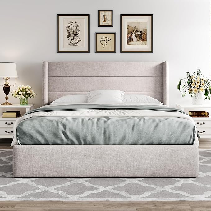 Allewie Queen Size Lift Up Storage Bed, Modern Wingback Headboard, Hydraulic Support, No Box Spring Needed, Light Beige-Ruum Studio Home