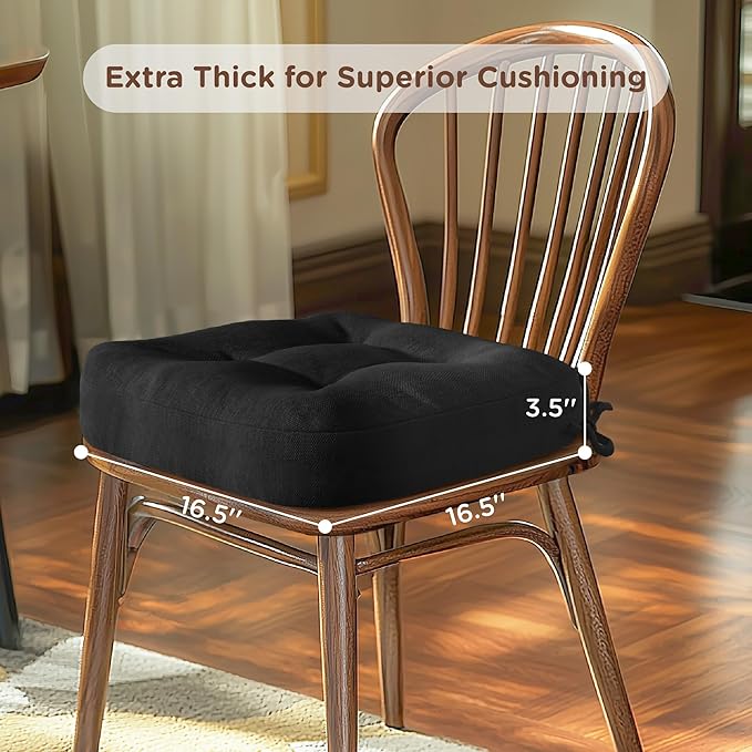 Codi Dining Chair Cushions 4 Pack, Thick Chairs Pads for Indoor Kitchen Room - Washable, Non-Slip Memory Foam Seat Cushion with Ties, 16.5"x16.5"x 3.5", Set of 4, Black-Ruum Studio Home