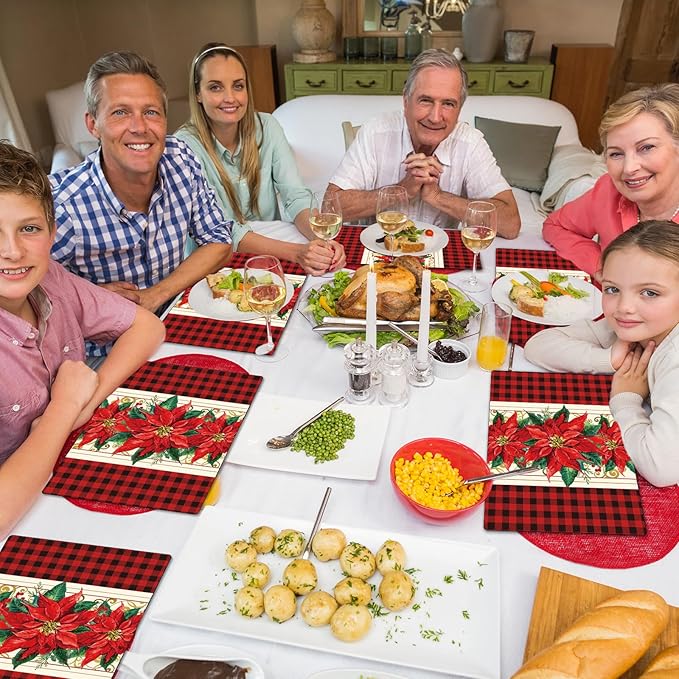 Christmas Poinsettia Placemats Set of 6 Red Watercolor Poinsettia Plastic Table Mats Christmas Xmas Red Flower Place Mats Winter Holiday Table Decoration for Indoor Outdoor Party Kitchen Dining-Ruum Studio Home