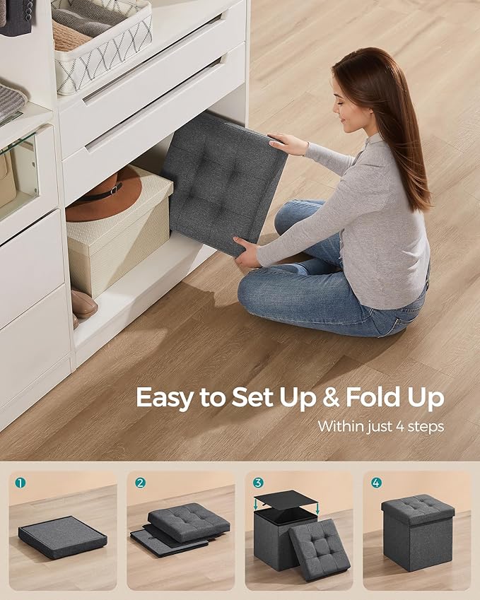 SONGMICS Folding Storage Ottoman Bench，38 x 38 x 38 cm， Ottoman Foot Rest, End of Bed Bench, Storage Chest, Load 300 kg, for Living Room, Bedroom, Entryway, Dorm, Dark Gray ULSF27Z-Ruum Studio Home