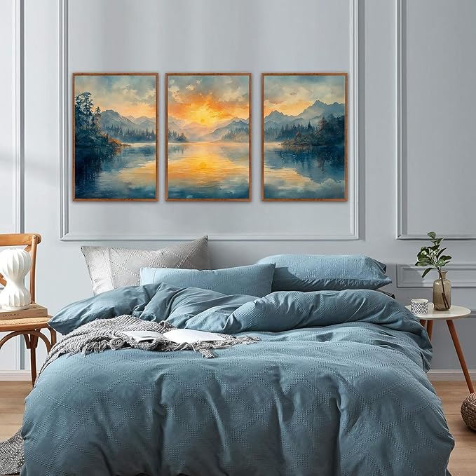 KAlRNE Sunset Mountain Canvas Wall Art,Abstract Scenery Wall Painting,Blue Landscape Lake Pictures,Watercolor Mountains Forests Art Prints For Living Room Bedroom Office Decoration - Framed 16X24 Inch-Ruum Studio Home