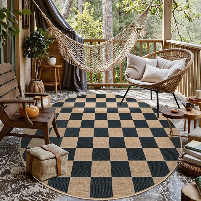 Lahome Checkered Round Rugs 6ft, Outdoor Patio Easy Jute Rug Indoor Outdoor Circle Carpet, Farmhouse Nature Non Shedding Non Slip Washable Black Carpet for Living Room Entry Deck-Ruum Studio Home