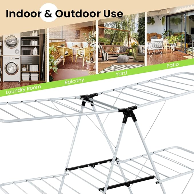 COSTWAY Clothes Drying Rack, Foldable 2-Level Laundry Drying Rack w/Height-Adjustable Wings, 33 Drying Rails & Sock Clips, Standing Large Drying Rack for Clothing, Indoor Outdoor Use-Ruum Studio Home