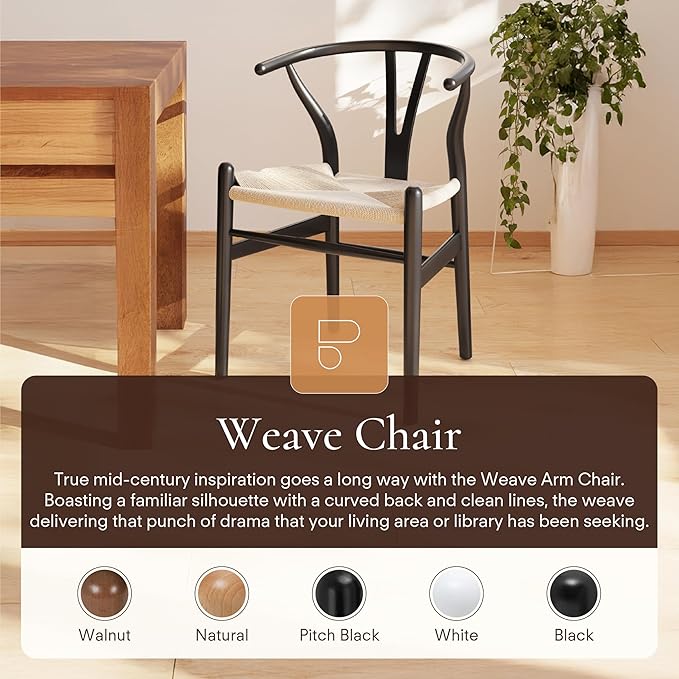 POLY & BARK Weave Dining Chair – Mid-Century Modern Wishbone Dining Chair with Arms, Solid Wood Frame, Indoor Use – Black – Single - Ideal for Dining Room, Kitchen or Stylish Accent Setting-Ruum Studio Home
