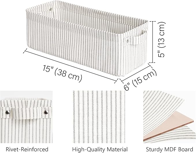 StorageWorks Narrow Storage Bins, Small Basket for Closet and Shelves, Fabric Organizer with Handles, Toilet Paper Storage, Gray and White Stripes, 2-Pack-Ruum Studio Home