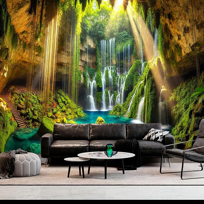 BSFHH Nature Tapestry Forest Tree Sea Cave Wall Hanging, Stream Through Rainforest Landscape Wall Art Tapestry for Bedroom Living room (Cave Waterfall, 110" × 87", Unframed)-Ruum Studio Home