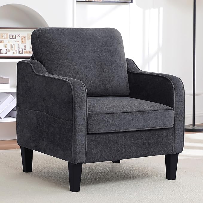 Accent Chairs Set of 2, Upholstered Living Room Chairs with Side Pockets, Mid Century Modern Reading Chair for Bedroom, Comfy Armchair Single Sofa Side Chair for Office, Small Room, Dark Grey-Ruum Studio Home