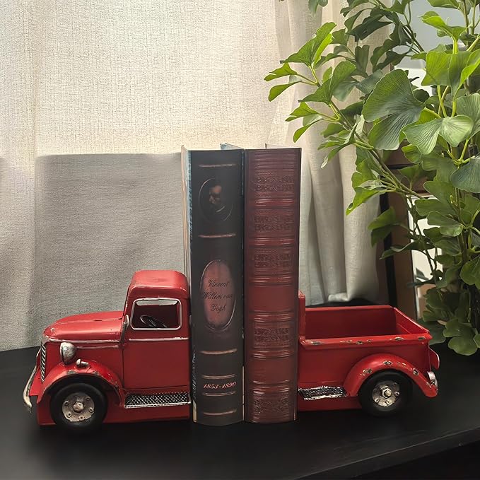 Decorative Book Ends Vintage Bookends: Metal Truck Book Stopper for Heavy Books - Farmhouse Decor for Shelf Table Coffee Bar Office Home - Gift for Adults Men Teen (Vintage Red)-Ruum Studio Home