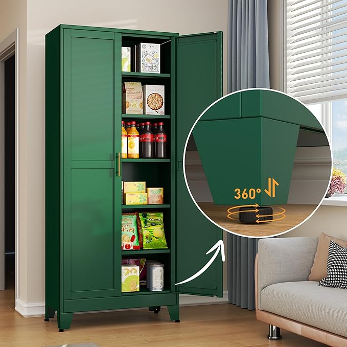 Green Metal Storage Cabinet,75" Steel Cabinets for Home Office, Kitchen Pantry Storage Cabinet with Doors and 5 Adjustable Shelves, Tool Cabinets, for Office, Home, Garage, School-Ruum Studio Home