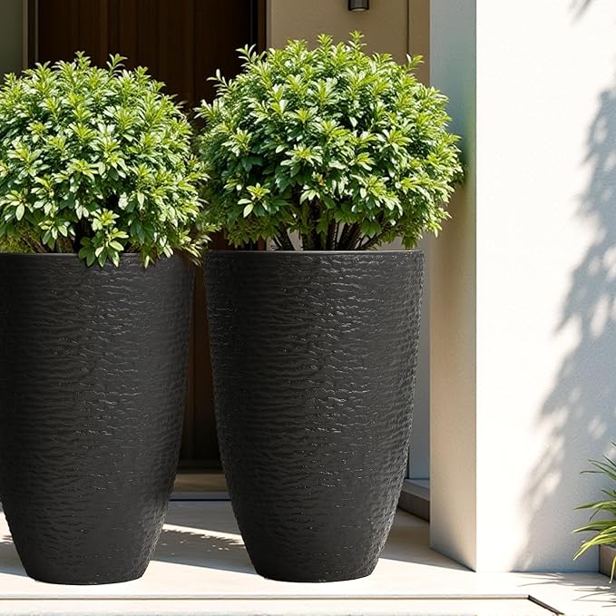 WORTH Garden 21" H Tall Planters 2 Pack - 14'' Dia Resin Large Round Black Flower Pots for Outdoor Plants Trees - Imitation Stone Finish Plastic Indoor Front Porch 9 Gallon Decorative Container Patio-Ruum Studio Home
