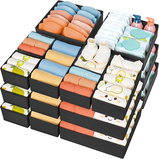 DIMJ Drawer Organizer 15 Pack - Foldable Baby Organizers and Storage & Dresser Organizer for Nursery, Bedroom, Closet - Nursery Organization Dresser Dividers for underwear, Sock,Bra, Belt, Tie，Black-Ruum Studio Home