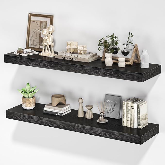 Floating Shelves for Wall, 36" W x 8" D x 1.5" H, Wooden Wall Mounted Display Shelves with Invisible Brackets for Living Room, Bedroom, Bathroom, Kitchen Decor and Storage, Set of 2, Black-Ruum Studio Home