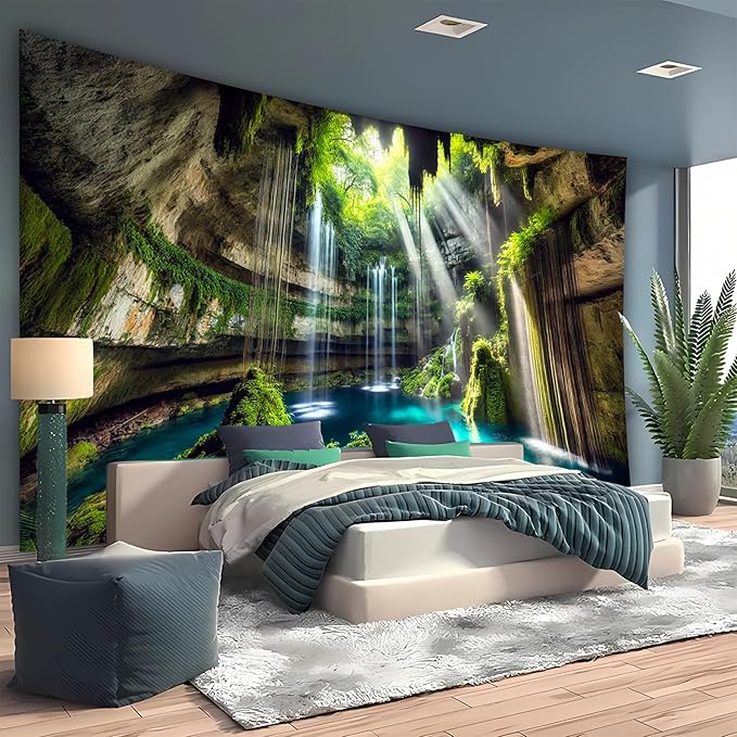 BSFHH Nature Tapestry Forest Tree Sea Cave Wall Hanging, Stream Through Rainforest Landscape Wall Art Tapestry for Bedroom Living room (Fall, 90"×70", Unframed)-Ruum Studio Home
