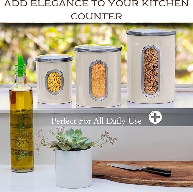 Moss & Stone 3-Piece Beige Canisters Sets For The Kitchen, Airtight Canister Set With See Through Window, Storage Jars for Coffee Container, Tea Organizer & Sugar Canister, Beige Kitchen Canisters-Ruum Studio Home