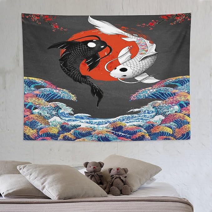 Houselerax Japanese Koi Fish Tapestries, Yin Yang Big Wave Cherry Blossom Tapestry Wall Hanging for Bedroom Living Room Office Decor 80"x60"-Ruum Studio Home