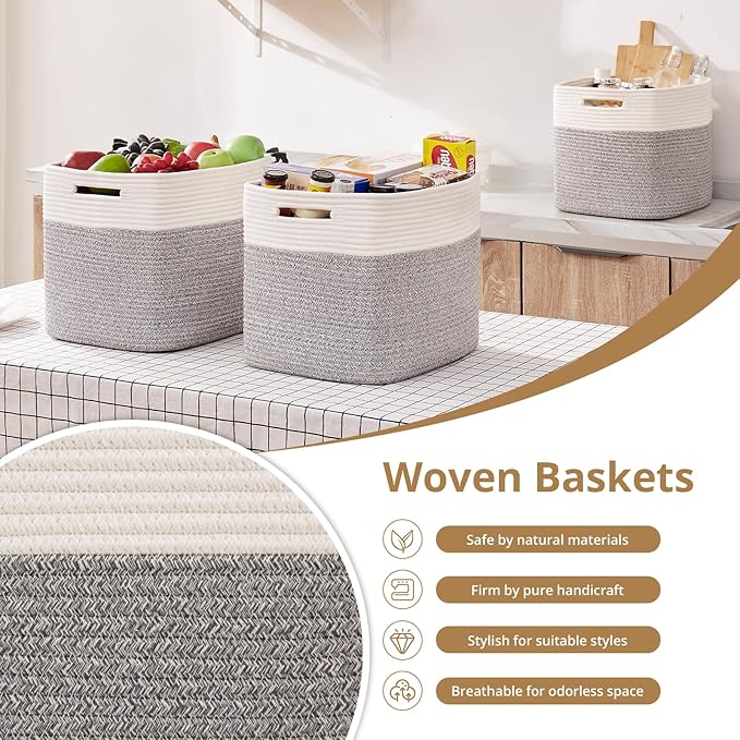 OIAHOMY 13 Kallax Inch Cube Storage Bins, 3-Pack Cotton Rope Woven Baskets for Organizing, Kallax Insert Storage Baskets for Shelves, Baby Nursery, Closet Organizer, 13*13*12.6IN, Grey & White-Ruum Studio Home