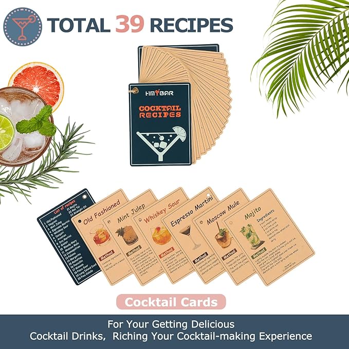 HMYBAR® Mixology Bartender kit | Cocktail Shaker Set | Boston Shaker Set, 20/28 OZ | Martini Making Set for Home Bar.Total 31 pcs incl 39-Recipe Cocktail Cards. Silver Tools. Bamb Stand Natural Color-Ruum Studio Home
