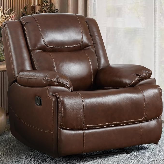 EBELLO Genuine Leather Manual Recliner Chair, Reclining Sofa Chair Couch for Living Room, Bedroom Furniture, Meeting Room, Brown-Ruum Studio Home