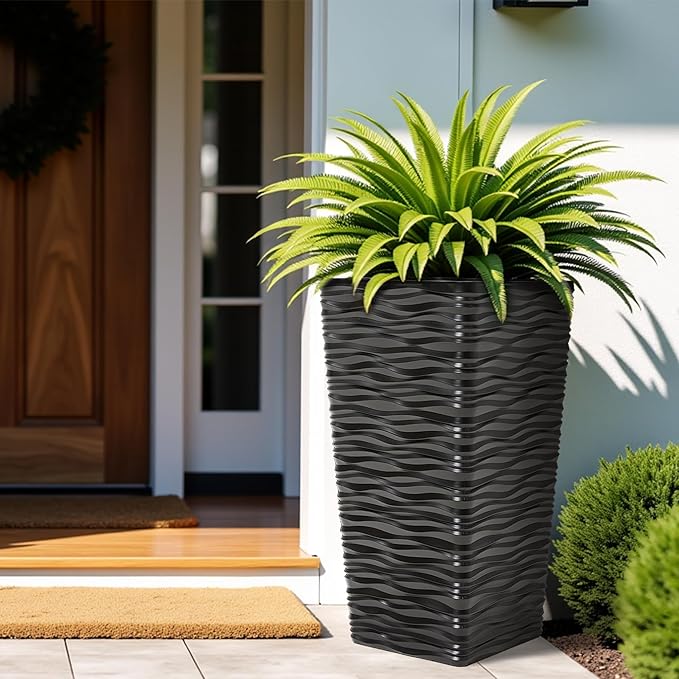 Worth Garden 2-Pack 22" H. Black Square Tapered Planter with Inside Pots - Plastic Plant Pots for Indoor Outdoor - Modern Wavy Finish Decorative Flower Pots for Front Porch Containers Patio Deck-Ruum Studio Home