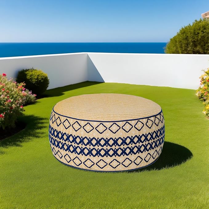Outdoor Inflatable Ottoman with Air Pump, Embroidery Patio Footrest Stool D21”x H9”, Round Pouf Ottoman with Portable Handle Suitable for Garden, Camping, Bedroom, Living Room-Ruum Studio Home