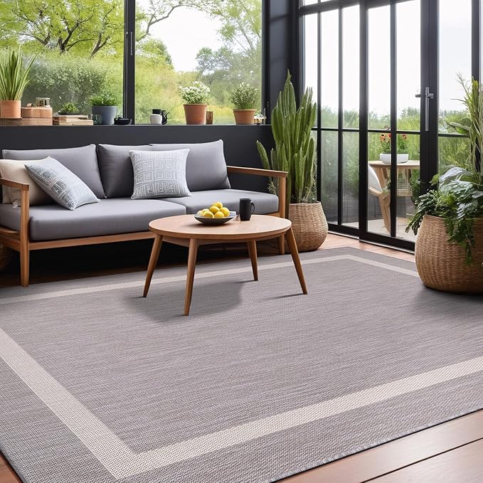 Bordered Outdoor Rug 5x7 Washable Outside Carpet for Indoor Patio Porch Waterproof Easy Cleaning Non Shedding Area Rugs Gray 5 x 7-Ruum Studio Home