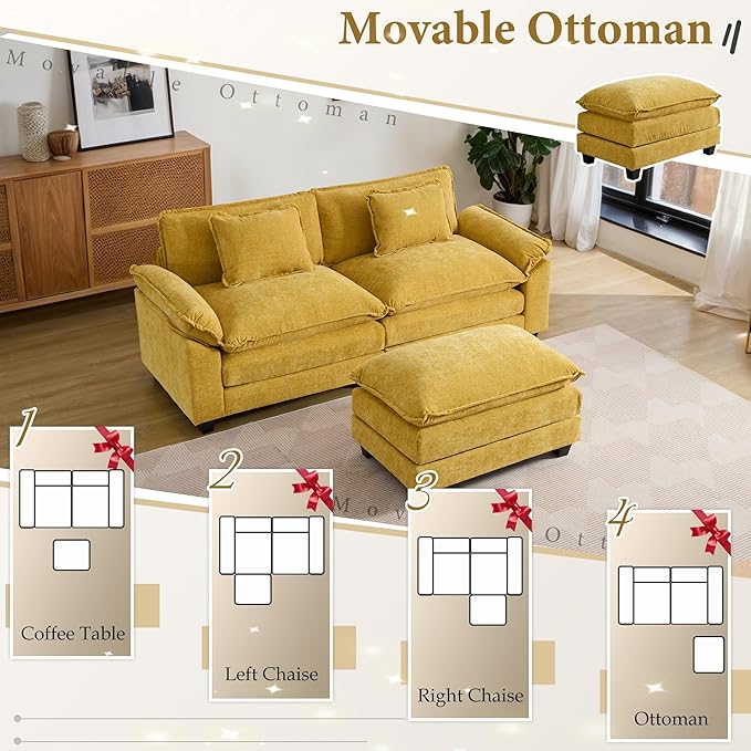 URRED Modular Sectional Sofa Comfy Cloud Couch, Modern Chenille Sofa Sleeper Deep Seat Couches with Ottoman/Pillows for Living Room (Yellow, 82.6''- L Shape)-Ruum Studio Home