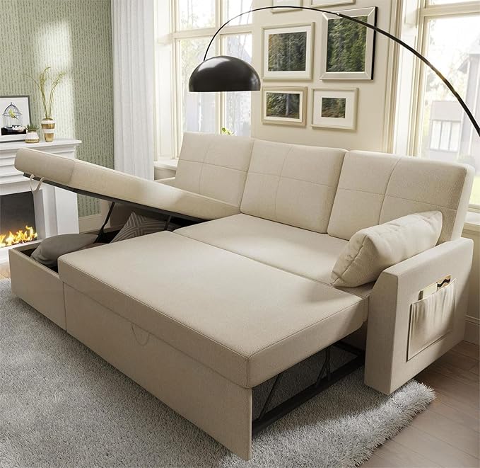 VanAcc Sleeper Sofa, Sofa Bed- 2 in 1 Pull Out Couch Bed with Storage Chaise for Living Room, Comfy Sleeper Couch, Beige Chenille-Ruum Studio Home