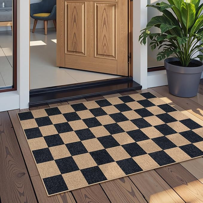 Lahome Checkered Easy Jute 2x3 Rug, Small Entryway Rug Non Slip Kitchen Front Door Mat, Farmhouse Neutral Area Rug Non Shedding Low Pile Floor Carpet for Foyer Porch Doorway-Ruum Studio Home