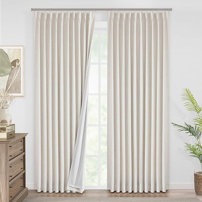 Vision Home Natural Pinch Pleated Full Blackout Curtains Linen Blended Room Darkening Window Curtains 102 inch for Living Room Bedroom Thermal Insulated Pinch Pleat Drapes with Hooks 60" Wx102 Lx1-Ruum Studio Home