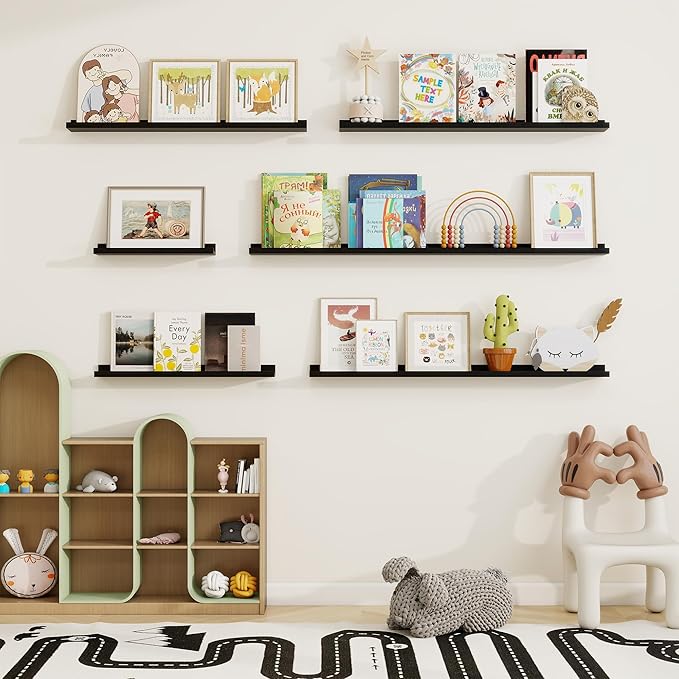 Picture Ledge Shelf, Solid Pine Wood Floating Shelves Set of 4, 16 Inches Nursery Book Shelves for Toys Storage, Kids Bookshelf Wall Mounted for Living Room Decor Photo Frames, Black-Ruum Studio Home