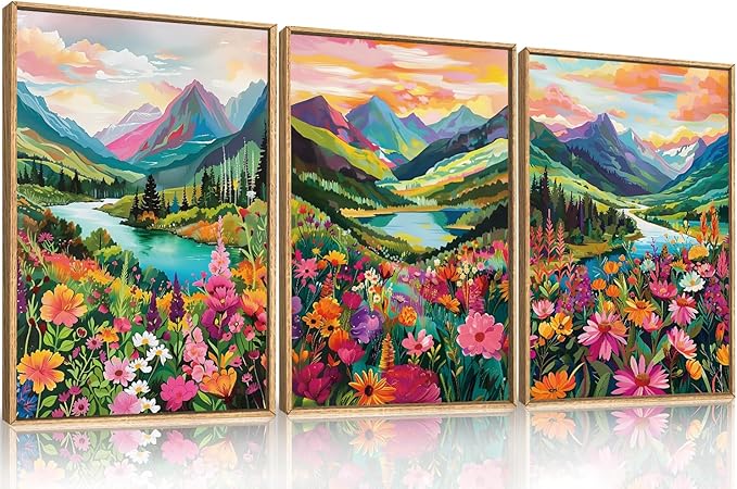 Wildflower Blossom Framed Canvas Wall Art Set, Colorful Flowers Painting, Abstract Landscape Wall Decor, Natural Ridge Floral Art Print for Living Room, Dining Room, Office - 16"x24"x3-Ruum Studio Home