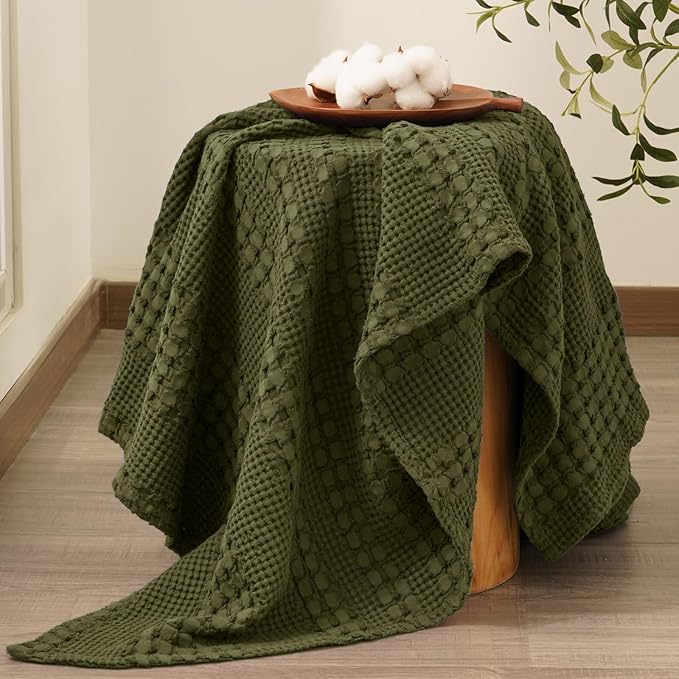 PHF 100% Cotton Waffle Weave Throw Blanket, Soft Lightweight Breathable Cozy Summer Throws for Couch Bed Sofa, Luxury Aesthetic Woven Blanket for Home Decor & Office, 50"x60", Capulet Olive-Ruum Studio Home
