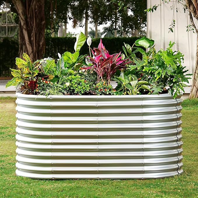 Land Guard 8x4x3ft Oval Galvanized Raised Garden Beds, Large-Capacity Metal Planter Box Outdoor, Durable Deep Raised Garden Bed 3ft Tall, Raised Beds for Gardening Vegetables, Classic Silver-Ruum Studio Home