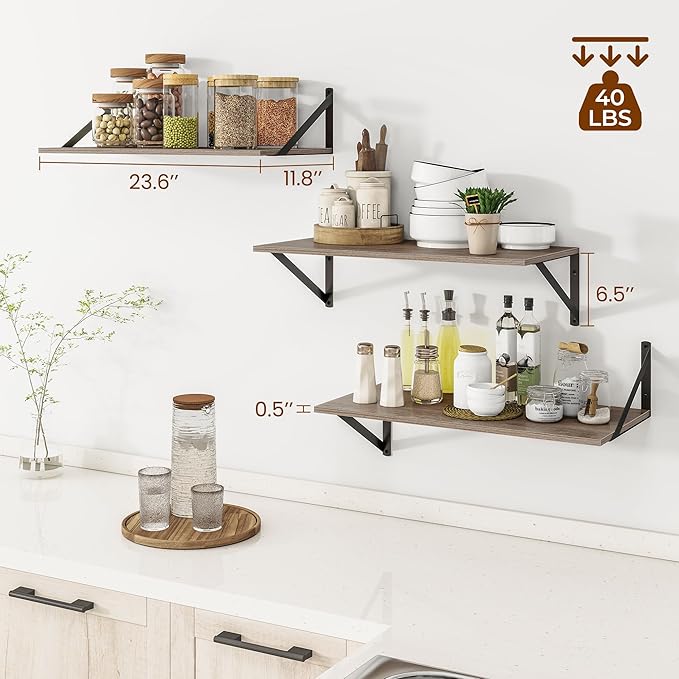 Heimlove 24" W x 12" D Wall Shelves for Books, 12 Inch Deep Floating Shelves Set of 3, Wide Floating Bookshelf with Metal Bracket for Living Room, Kitchen, Office, Bedroom and Decor Storage - Grey-Ruum Studio Home