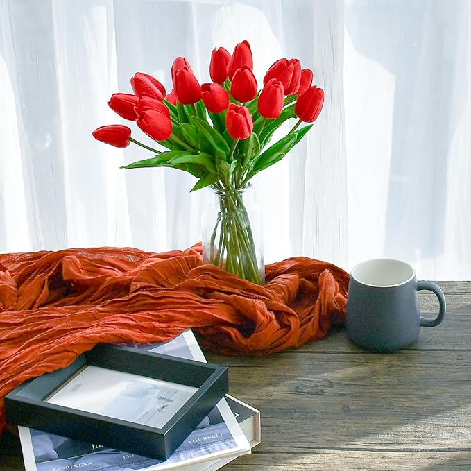 Mandy's Artificial Tulips 20 Stems Red PU Faux Flowers for Wedding Home Decor 13.5 Inch-Ruum Studio Home