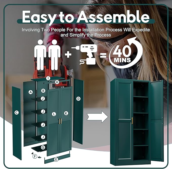 71" Storage Cabinet, Metal Pantry Cabinet, Kitchen Pantry Storage Cabinets with Doors and 4 Shelves, Cabinets for Laundry Room, Living Room, Dinning Room, Assembly Required, Green-Ruum Studio Home