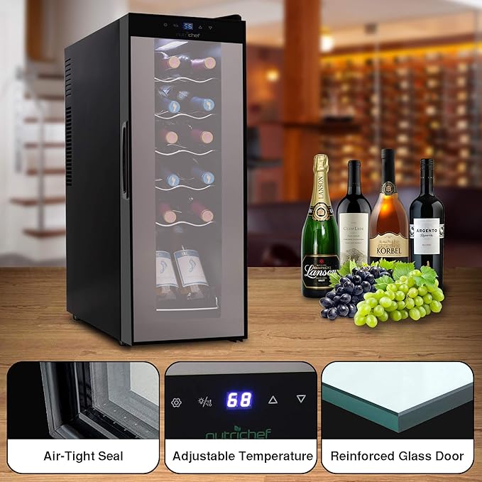 NutriChef PKCWC120 White & Red Cooler-Freestanding Countertop Compact Mini Wine Fridge Chiller Capacity, Digital Control, Glass Door, 12 Bottle-Black-Ruum Studio Home