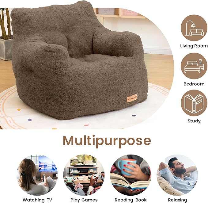 Bean Bag Chair with Filler, Bean Bag Sofa with Tufted Soft Stuffed Filling, Fluffy and Lazy Sofa, Comfy Cozy BeanBag Chairs with Memory Foam for Dorm, Apartment, Living Room (Brown)-Ruum Studio Home