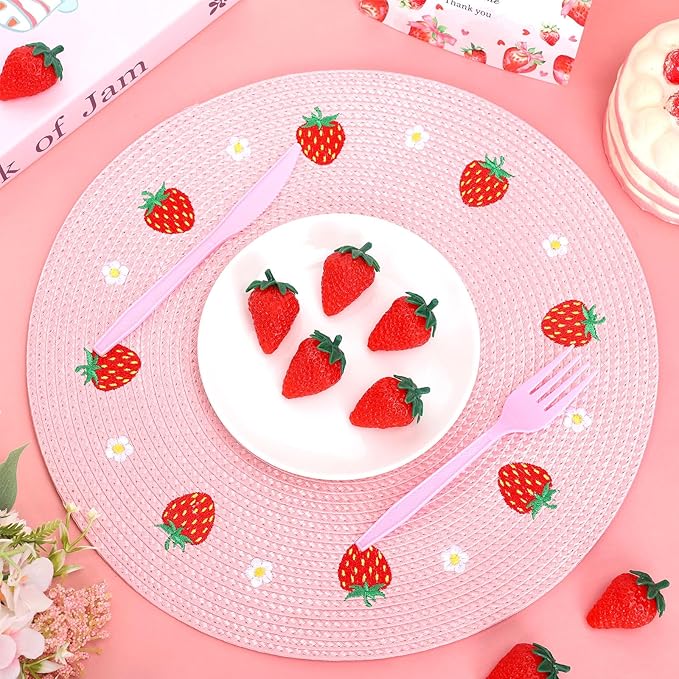 Whaline 4Pcs Round Placemats Daisy Strawberry Embroidered Place Mats Summer Strawberry Dinner Table Mats for Home Wedding Baby Shower Birthday Party Decor-Ruum Studio Home