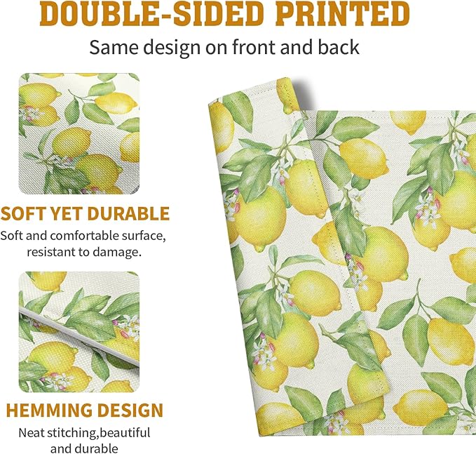 Lemon Placemats Set of 4 Summer Yellow Fruit Green Leaf Floral Linen Table Mat Rustic Farmhouse Spring Heat Resistant Non Slip Washable Place Mats for Dining Kitchen Party Decor-Ruum Studio Home
