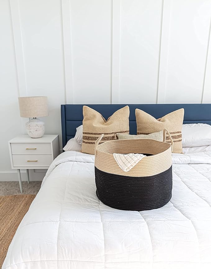OrganiHaus Woven Laundry Basket, Large Cotton Rope Blanket Holder with Handles, Soft & Sturdy Nursery Hamper, Decorative Toy Bin for Living Room Organization 20x13 inches - Black/Honey-Ruum Studio Home