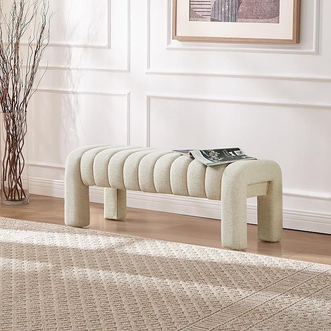 43.3" Bedroom Bench, Upholstered Entryway Bench, Modern End of Bed Ottoman with Solid Wood Legs and Adjustable Foot Pegs for Entryway, Dining Room and Living Room (Beige Linen)-Ruum Studio Home