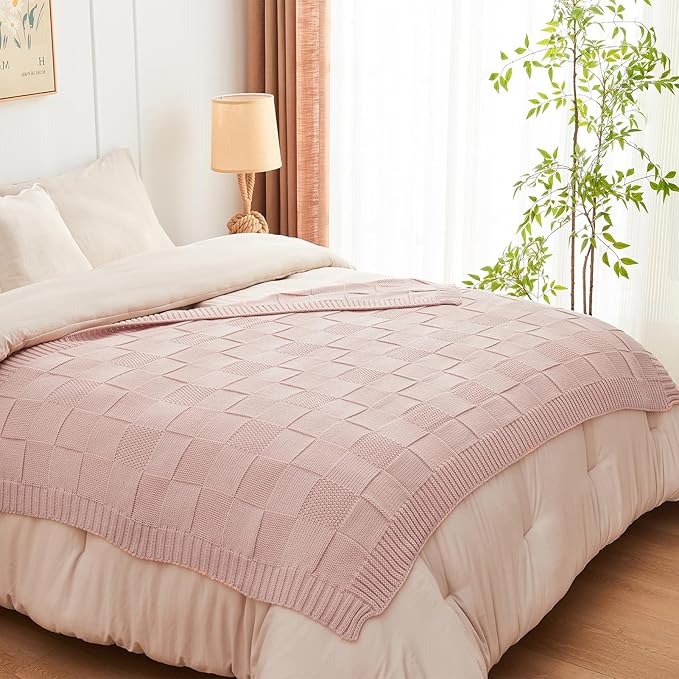 CozeCube Check Knit Throw Blanket, Pink Checkered Throw for Couch, Decorative Christmas Soft Cozy Warm Knitted Blanket for Bed Sofa Living Room, 50"X60"-Ruum Studio Home